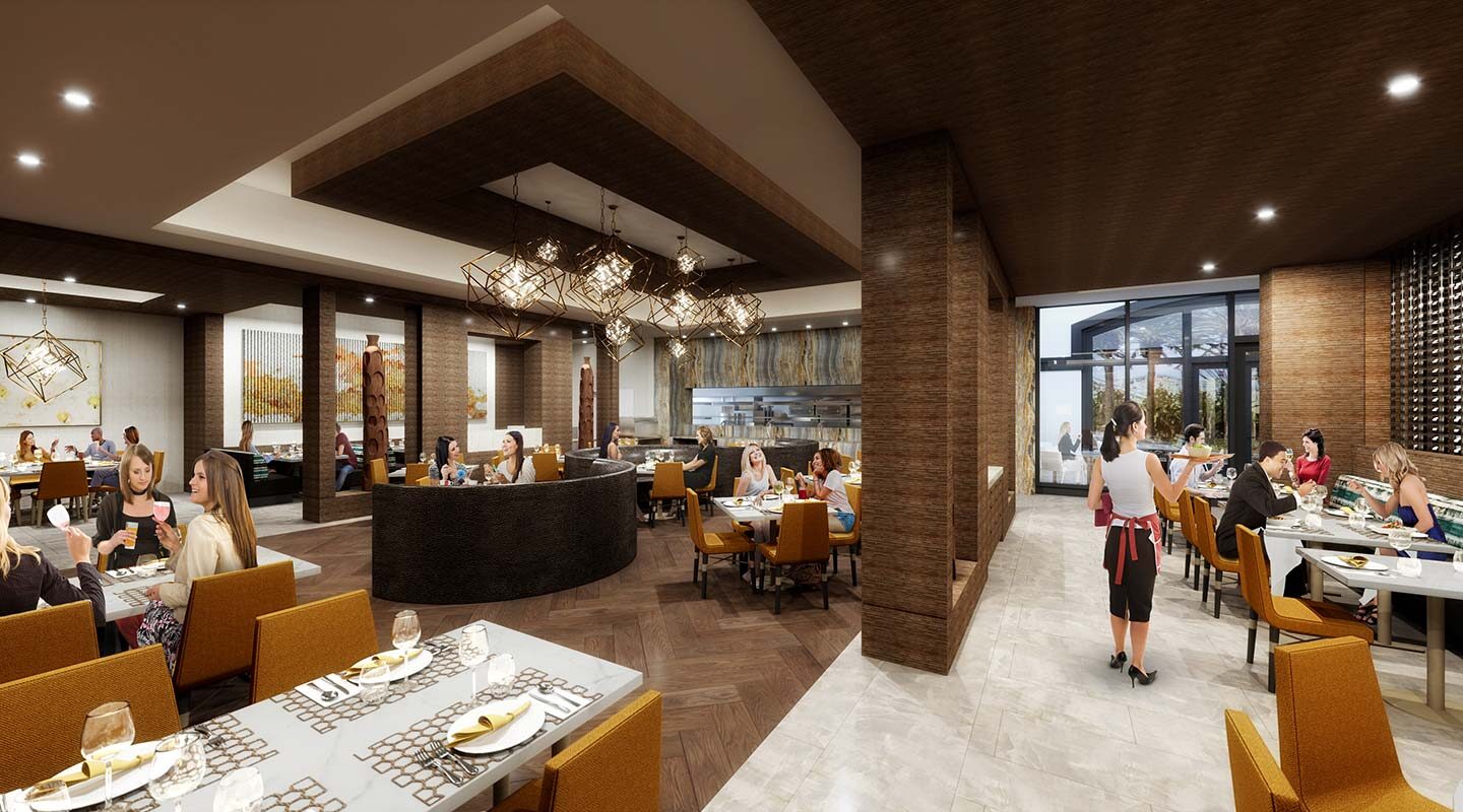 an open concept restaurant dining room with tables and chair sets and booths